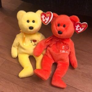 2 TYBear Beanie Babies Stuffed Plush Yellow LA Bear Orange California Bear